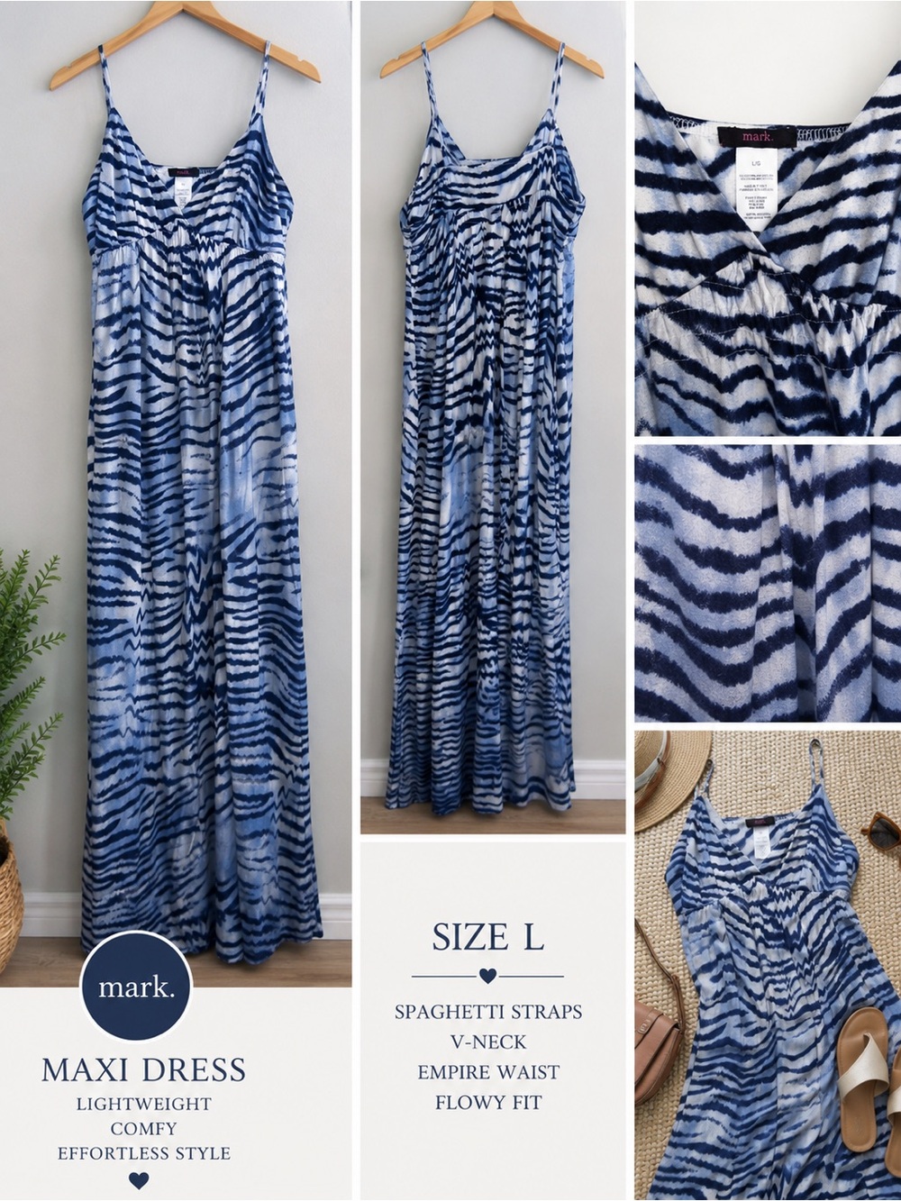mark. Blue and White Zebra-Print Maxi Dress with Spaghetti Straps